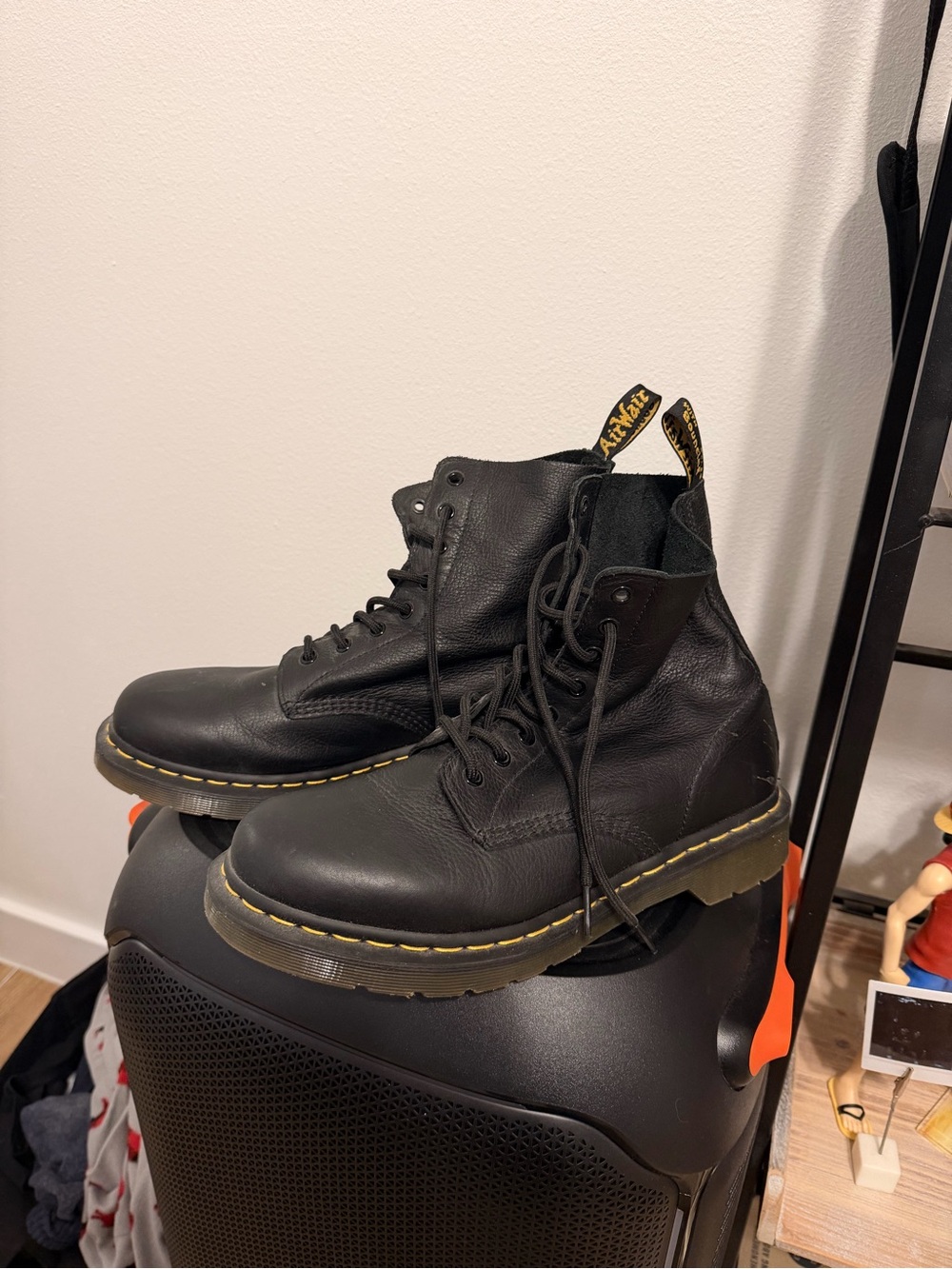 Dr. Martens Black pascal Leather Combat Boots with Yellow Welt Stitching